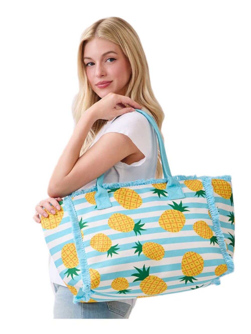 Tigerstars Pineapple Pattern Stripe Fringe Trim Shoulder Tote Bag